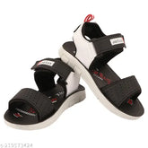 Black PU sandal floater for kids, featuring a printed net pattern and adjustable Velcro fastening. Perfect for outdoor activities. Made with high-quality material in India